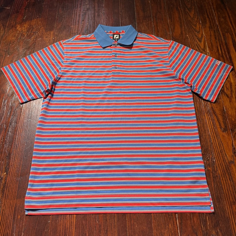 FootJoy Polo Mens XL Red White Blue Stripes Stretch Golf Performance *Logo*